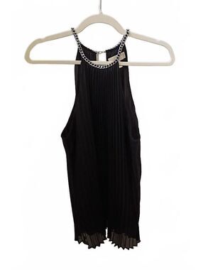 Michael Kors Black Pleated Sleeveless Top with Chain Detail, Size M